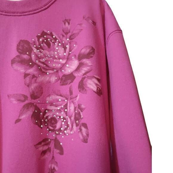 VINTAGE Sweatshirt Pink Size XL Flowers Roses Sparkle Beading Long‎ Sleeves - Picture 3 of 10